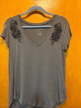 American Eagle Outfitters Charcoal V-Neck Tee with Embroidered Shoulders